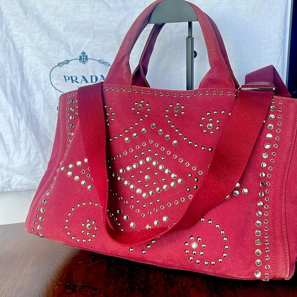 PRADA burgundy tote denim material. Strap for crossbody. Silver studs. - Picture 2 of 12